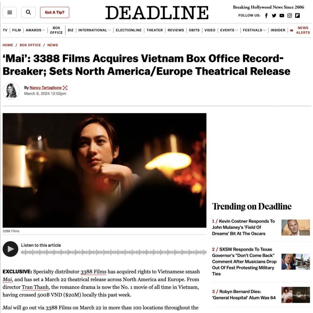 MAI - 3388 Films Acquires Vietnam Box Office Record-Breaker - Sets North America-Europe Theatrical Release